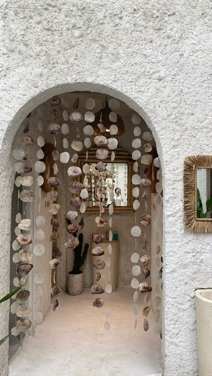 Beaded room divider creating a beautiful separation between different areas.