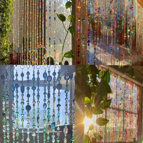 Decorative beaded curtains designed to enhance the look and privacy of a room.
